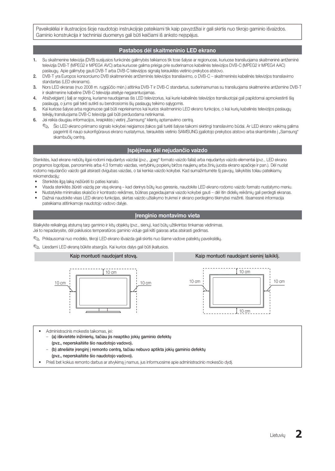 Samsung LT24B300EW/EN Pastabos dėl skaitmeninio LED ekrano, Įspėjimas dėl nejudančio vaizdo, Įrenginio montavimo vieta 