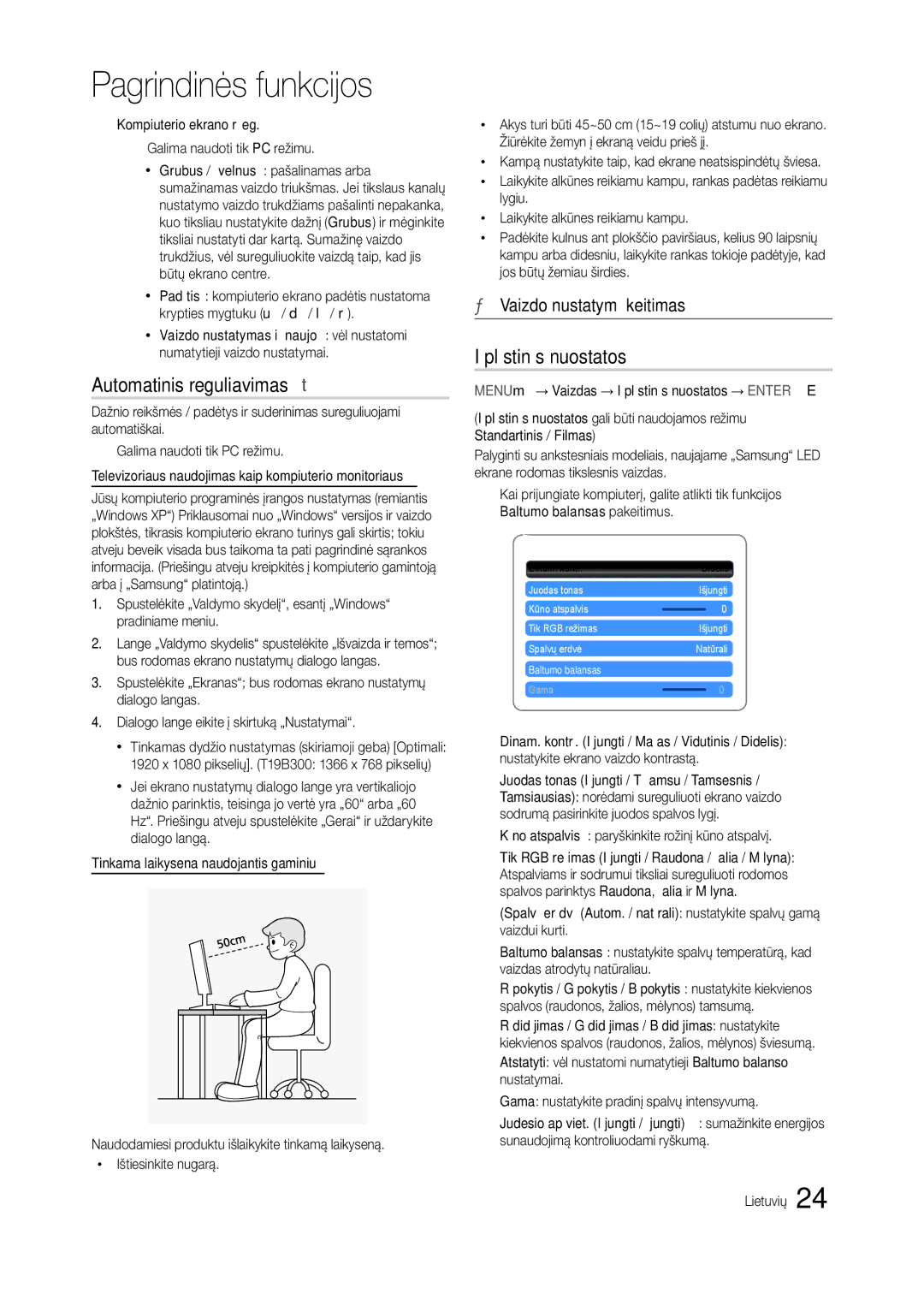 Samsung LT22B300EW/EN, LT22B350EW/EN manual Automatinis reguliavimas t, Išplėstinės nuostatos, Vaizdo nustatymų keitimas 