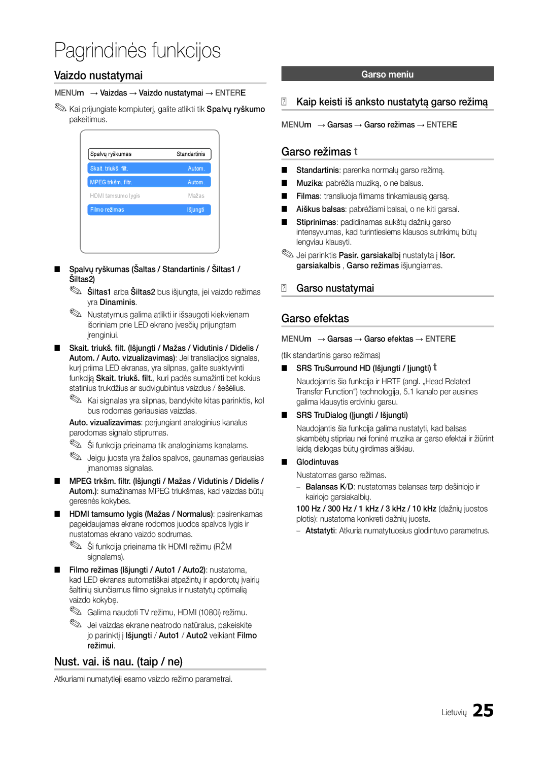 Samsung LT24B350EW/EN, LT22B350EW/EN manual Vaizdo nustatymai, Nust. vai. iš nau. taip / ne, Garso režimas t, Garso efektas 