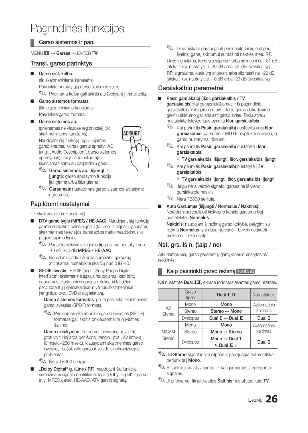 Samsung LT27B300EW/EN Transl. garso parinktys, Papildomi nustatymai, Garsiakalbio parametrai, Nst. grs. iš n. taip / ne 