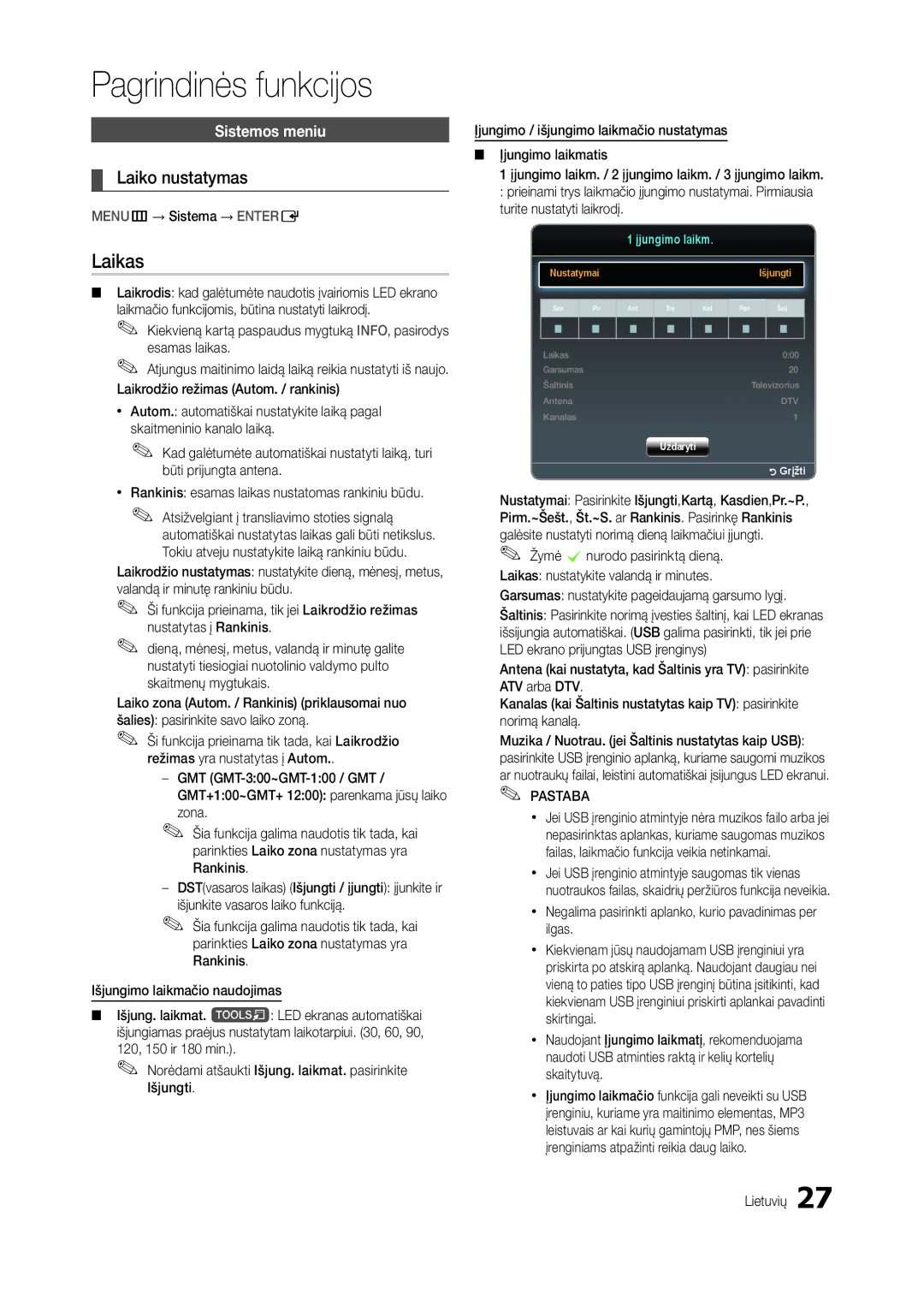 Samsung LT19B300EW/EN, LT22B350EW/EN, LT27B300EWY/EN manual Laikas, Laiko nustatymas, Sistemos meniu, MENUm→ Sistema → Entere 