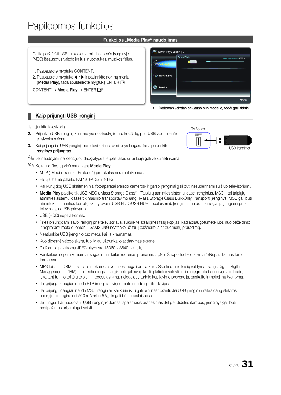 Samsung LT22B300EW/EN, LT22B350EW/EN Papildomos funkcijos, Kaip prijungti USB įrenginį, Funkcijos „Media Play naudojimas 