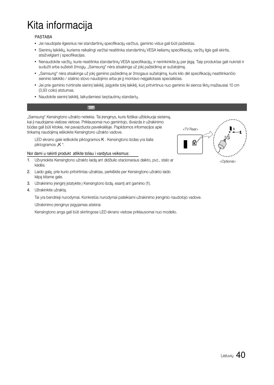 Samsung LT27B300EW/EN, LT22B350EW/EN, LT27B300EWY/EN, LT24B300EW/EN manual Nuo vagysčių saugojantis Kensingtono užraktas 