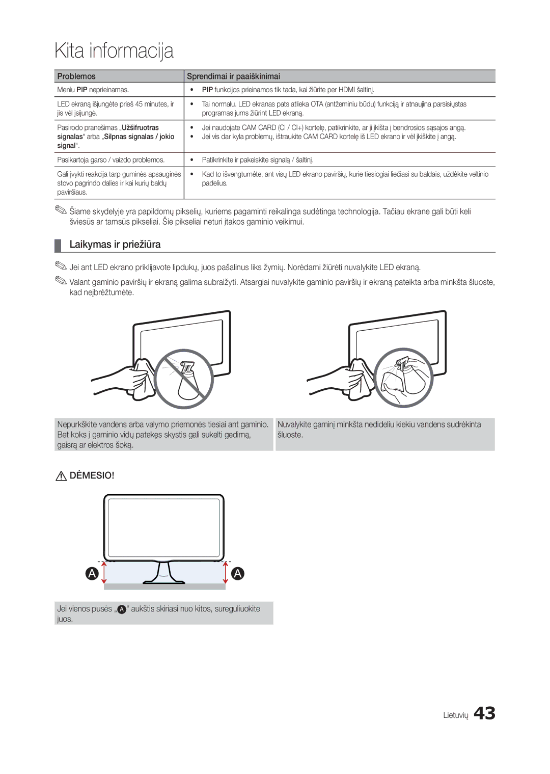 Samsung LT27B300EWY/EN, LT22B350EW/EN, LT24B300EW/EN, LT22B300EW/EN, LT24B350EW/EN, LT27B300EW/EN manual Laikymas ir priežiūra 