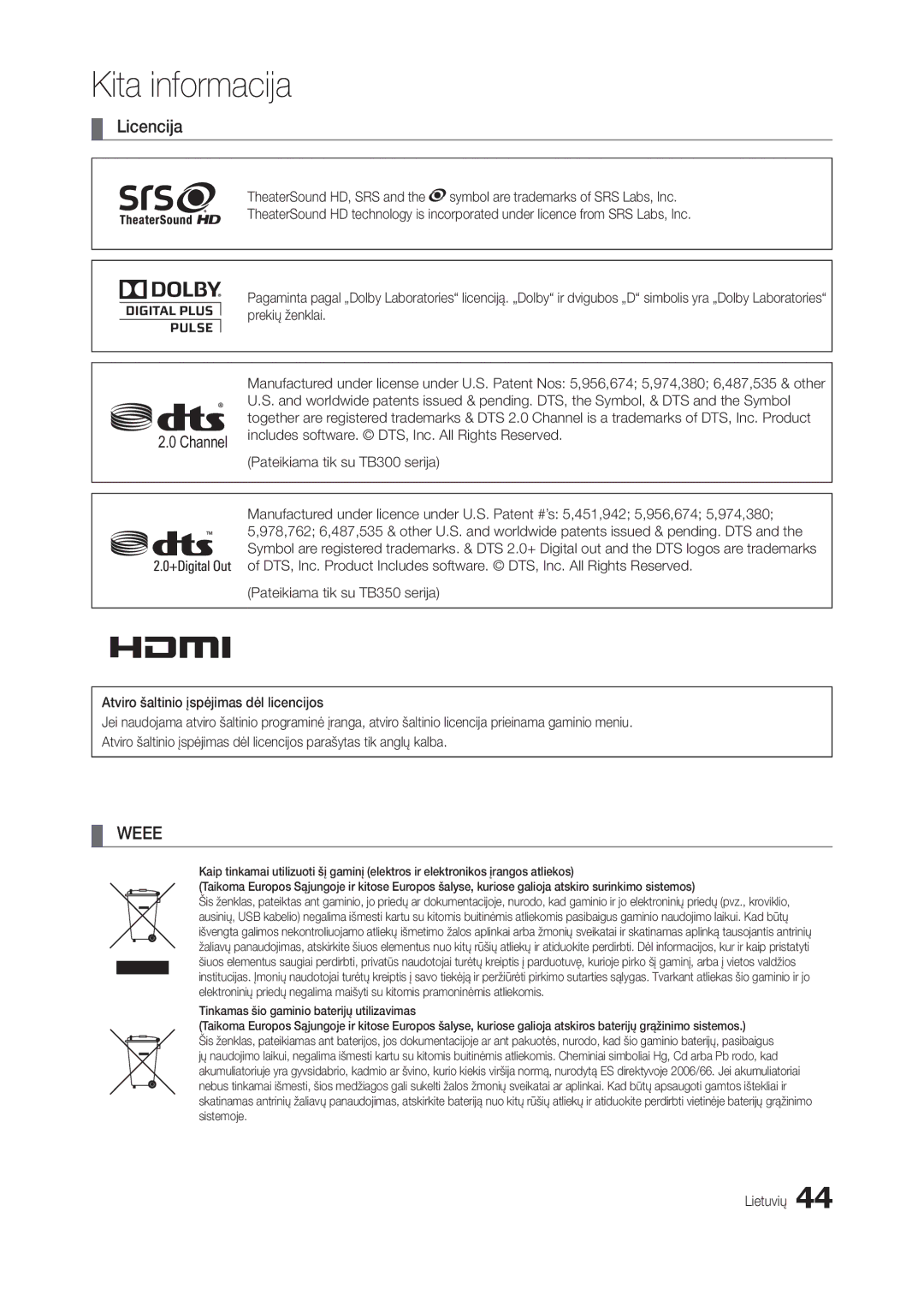 Samsung LT24B300EW/EN, LT22B350EW/EN, LT27B300EWY/EN, LT22B300EW/EN, LT24B350EW/EN, LT27B300EW/EN manual Licencija, Weee 