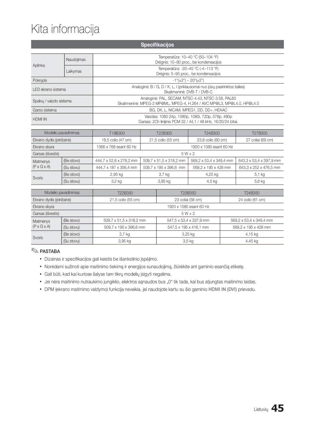 Samsung LT22B300EW/EN, LT22B350EW/EN, LT27B300EWY/EN, LT24B300EW/EN, LT24B350EW/EN manual Specifikacijos, LED ekrano sistema 