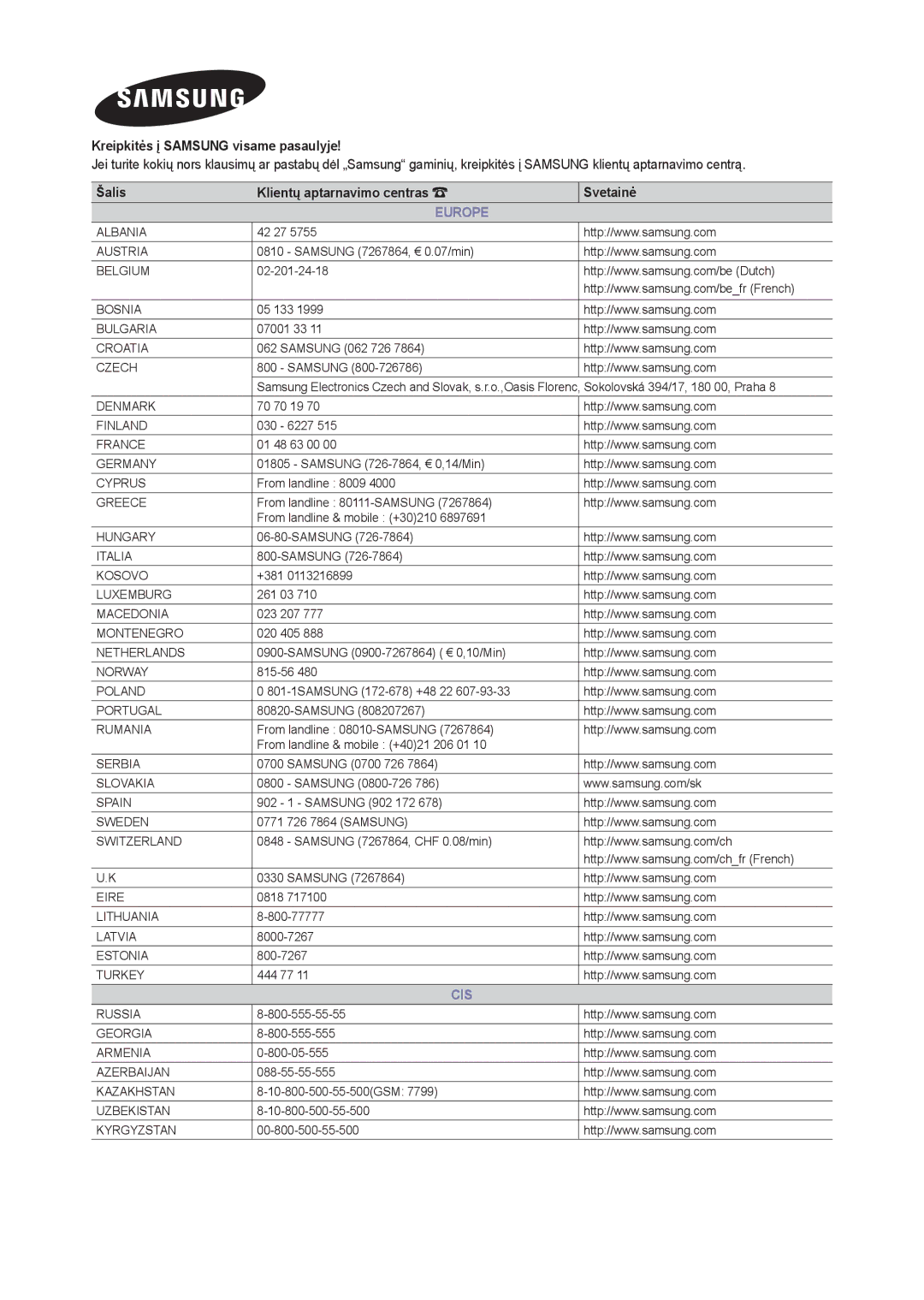 Samsung LT24B350EW/EN, LT22B350EW/EN, LT27B300EWY/EN, LT24B300EW/EN, LT22B300EW/EN, LT27B300EW/EN, LT19B300EW/EN manual Europe 