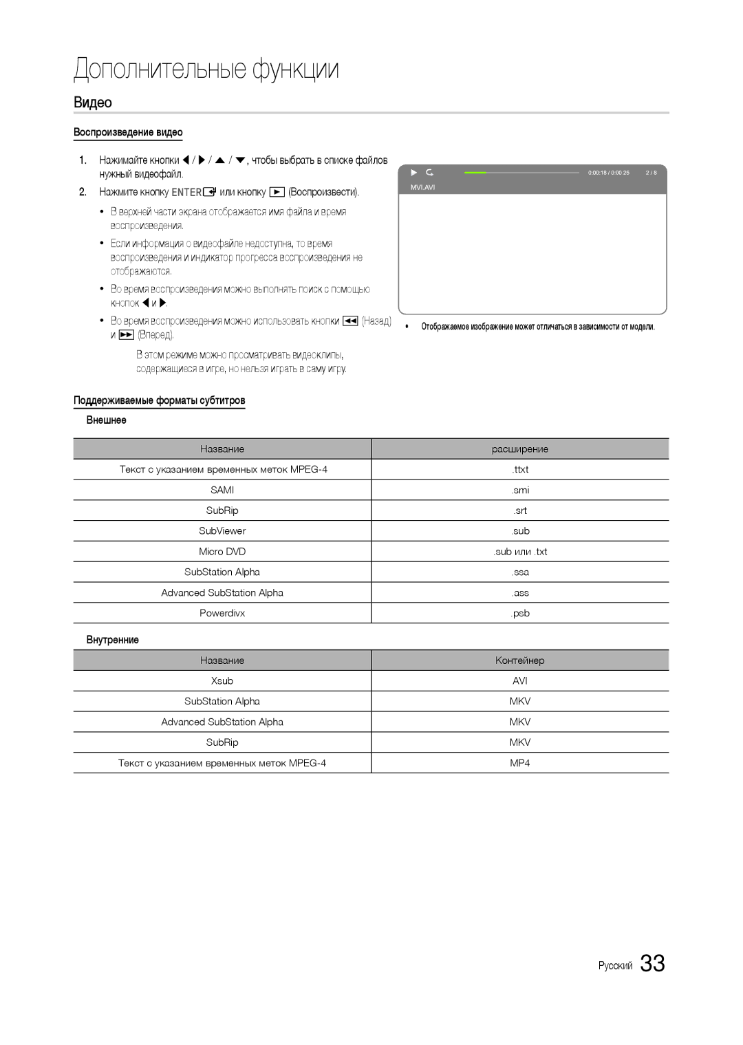 Samsung LT23B350EW/CI, LT22B350EW/EN, LT27B300EWY/EN manual Видео, Поддерживаемые форматы субтитров Внешнее, Внутренние 