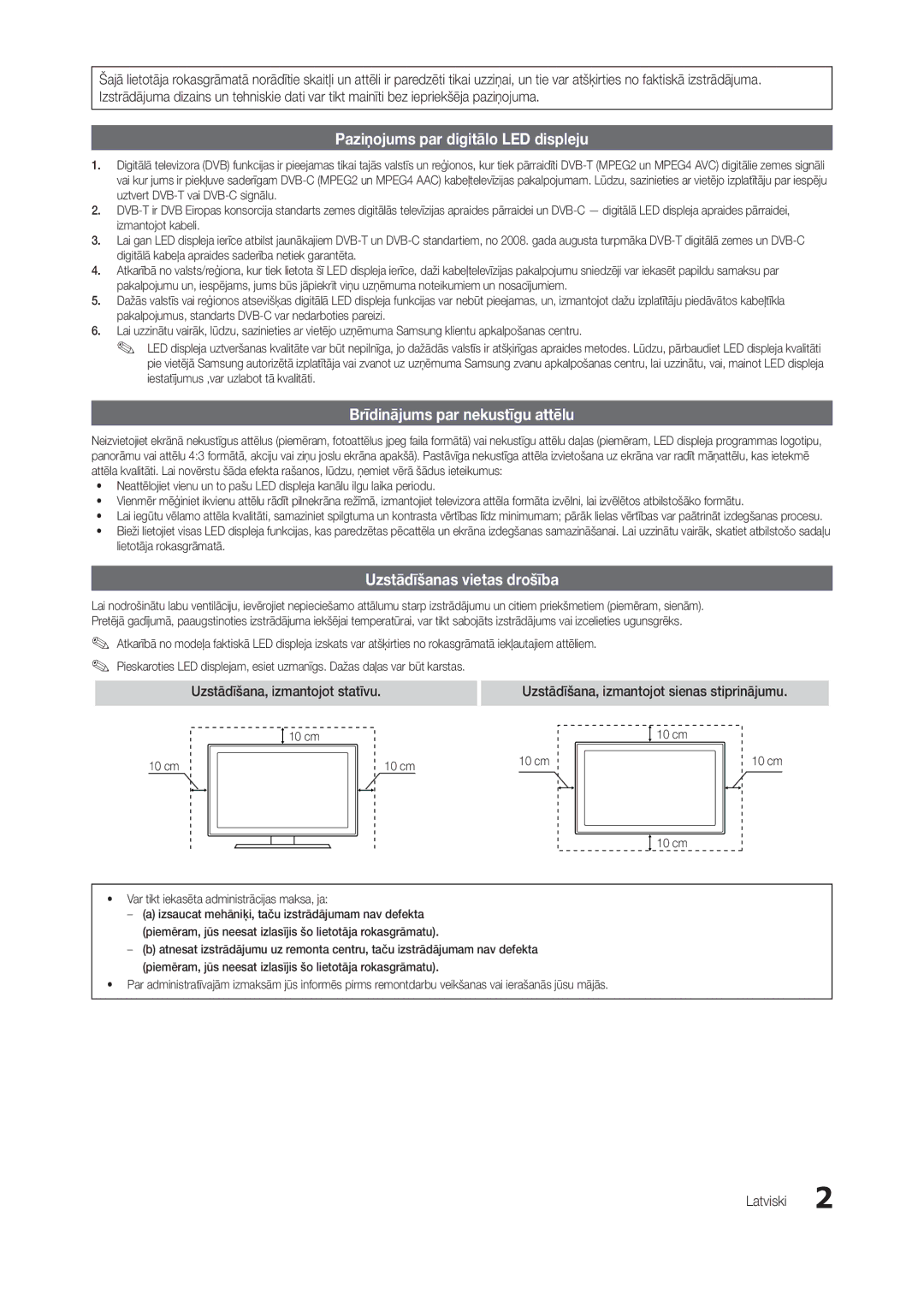 Samsung LT24B300EW/EN Paziņojums par digitālo LED displeju, Brīdinājums par nekustīgu attēlu, Uzstādīšanas vietas drošība 