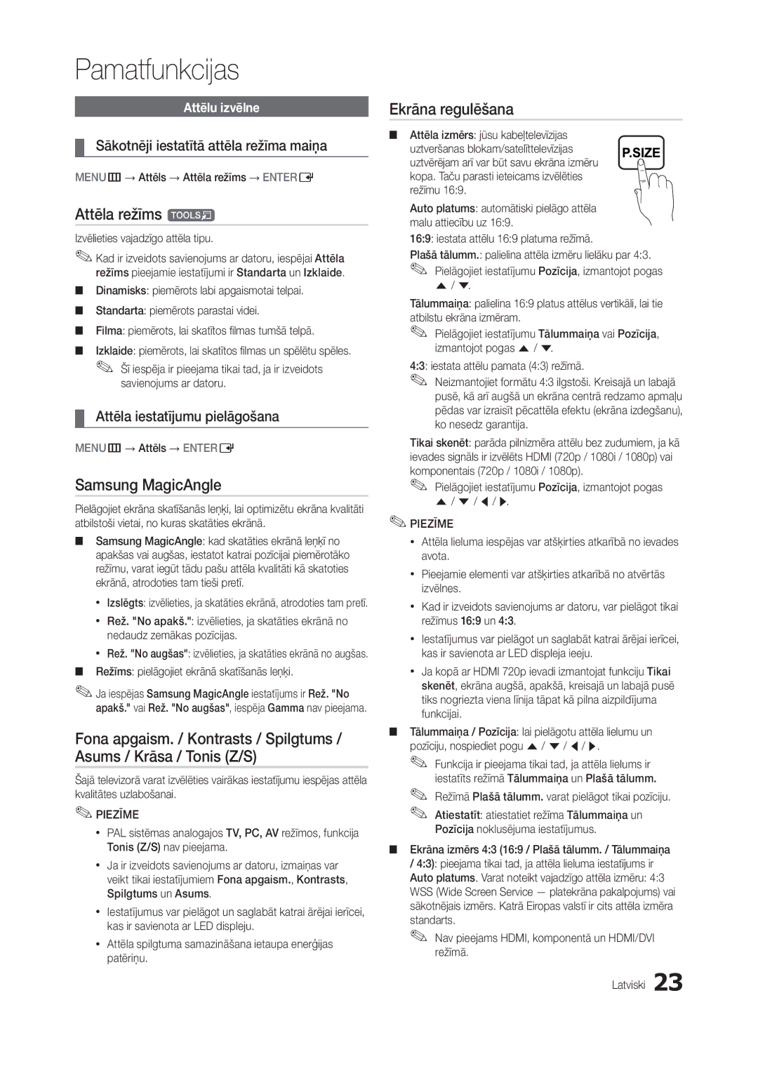 Samsung LT24B300EW/EN Attēla režīms t, Samsung MagicAngle, Ekrāna regulēšana, Sākotnēji iestatītā attēla režīma maiņa 