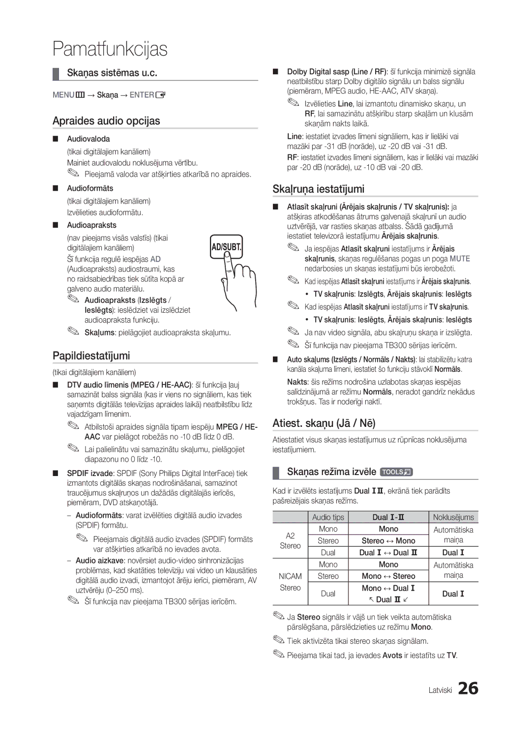 Samsung LT27B300EW/EN manual Apraides audio opcijas, Papildiestatījumi, Skaļruņa iestatījumi, Atiest. skaņu Jā / Nē 