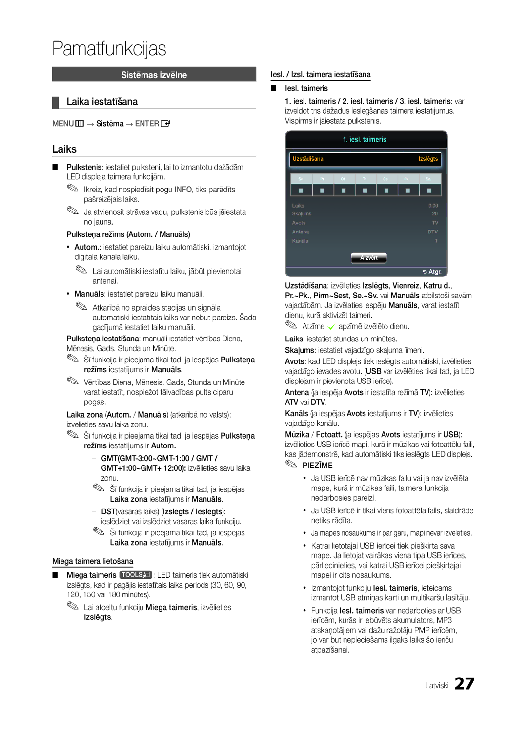 Samsung LT19B300EW/EN, LT22B350EW/EN, LT27B300EWY/EN Laiks, Laika iestatīšana, Sistēmas izvēlne, MENUm→ Sistēma → Entere 