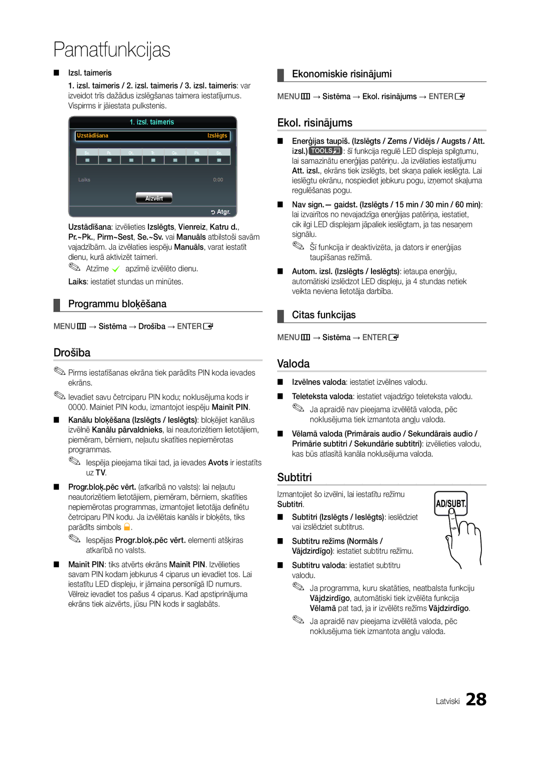 Samsung LT22B350EW/EN, LT27B300EWY/EN, LT24B300EW/EN, LT22B300EW/EN manual Drošība, Ekol. risinājums, Valoda, Subtitri 