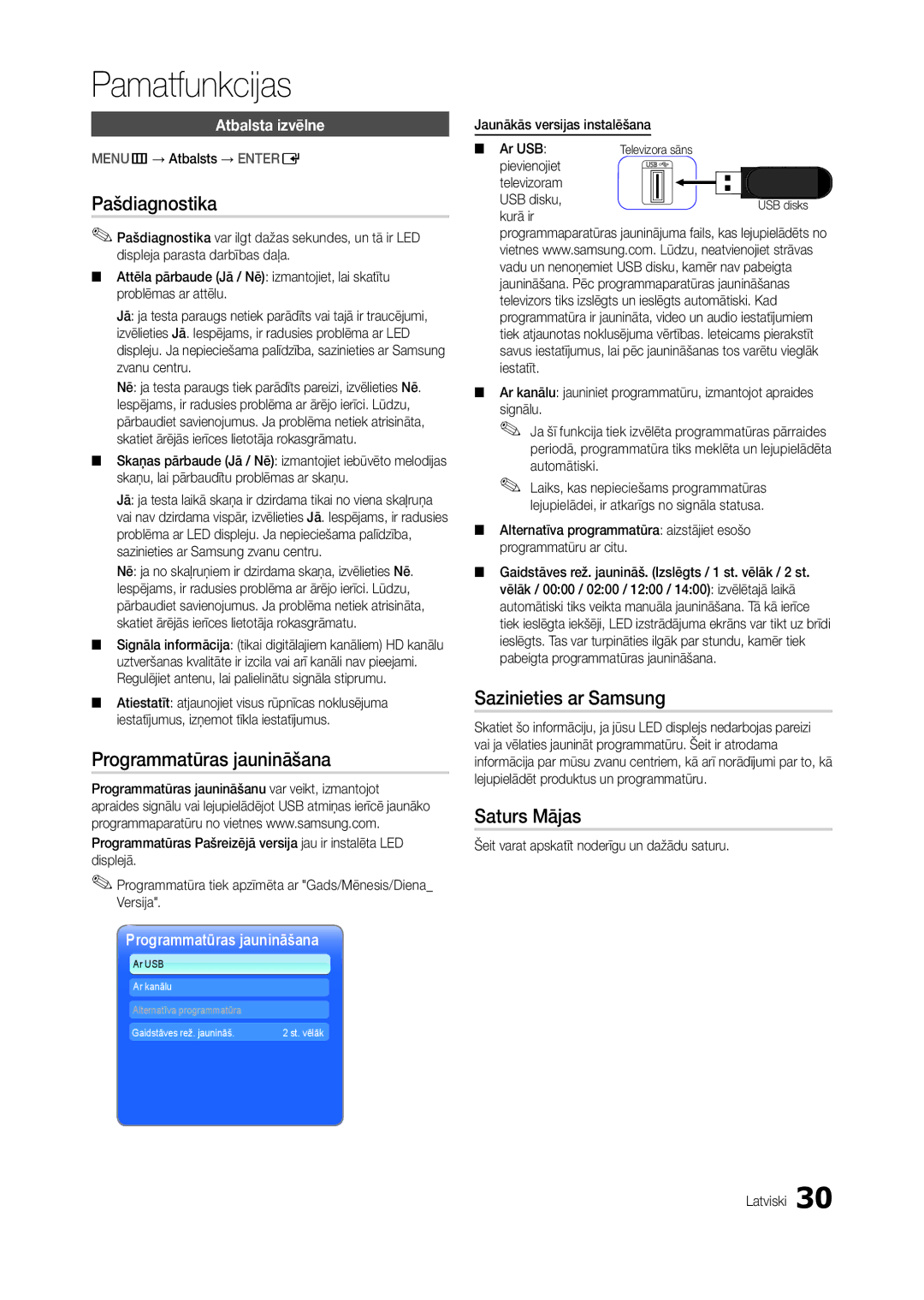 Samsung LT24B300EW/EN, LT22B350EW/EN manual Pašdiagnostika, Programmatūras jaunināšana, Sazinieties ar Samsung, Saturs Mājas 