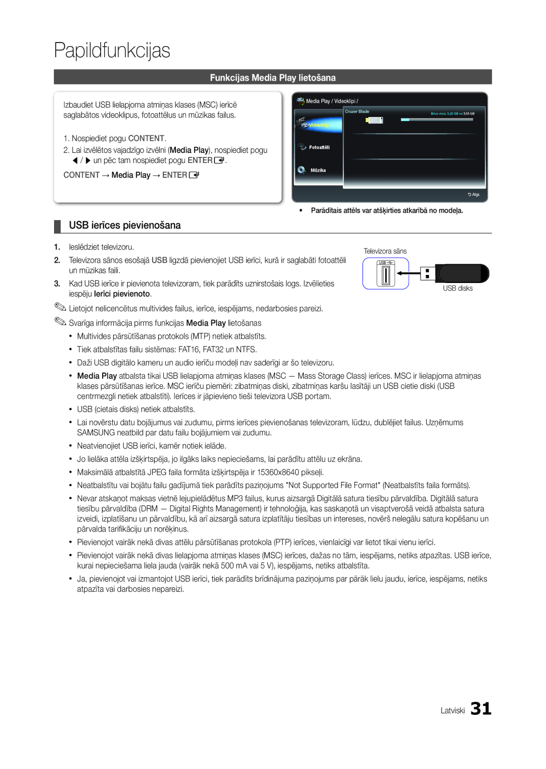 Samsung LT22B300EW/EN, LT22B350EW/EN manual Papildfunkcijas, USB ierīces pievienošana, Funkcijas Media Play lietošana 