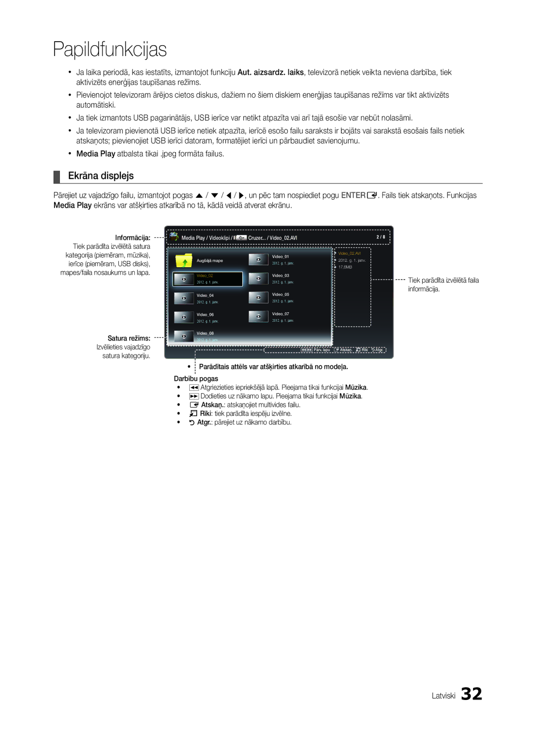 Samsung LT24B350EW/EN, LT22B350EW/EN, LT27B300EWY/EN manual Ekrāna displejs, Media Play atbalsta tikai .jpeg formāta failus 