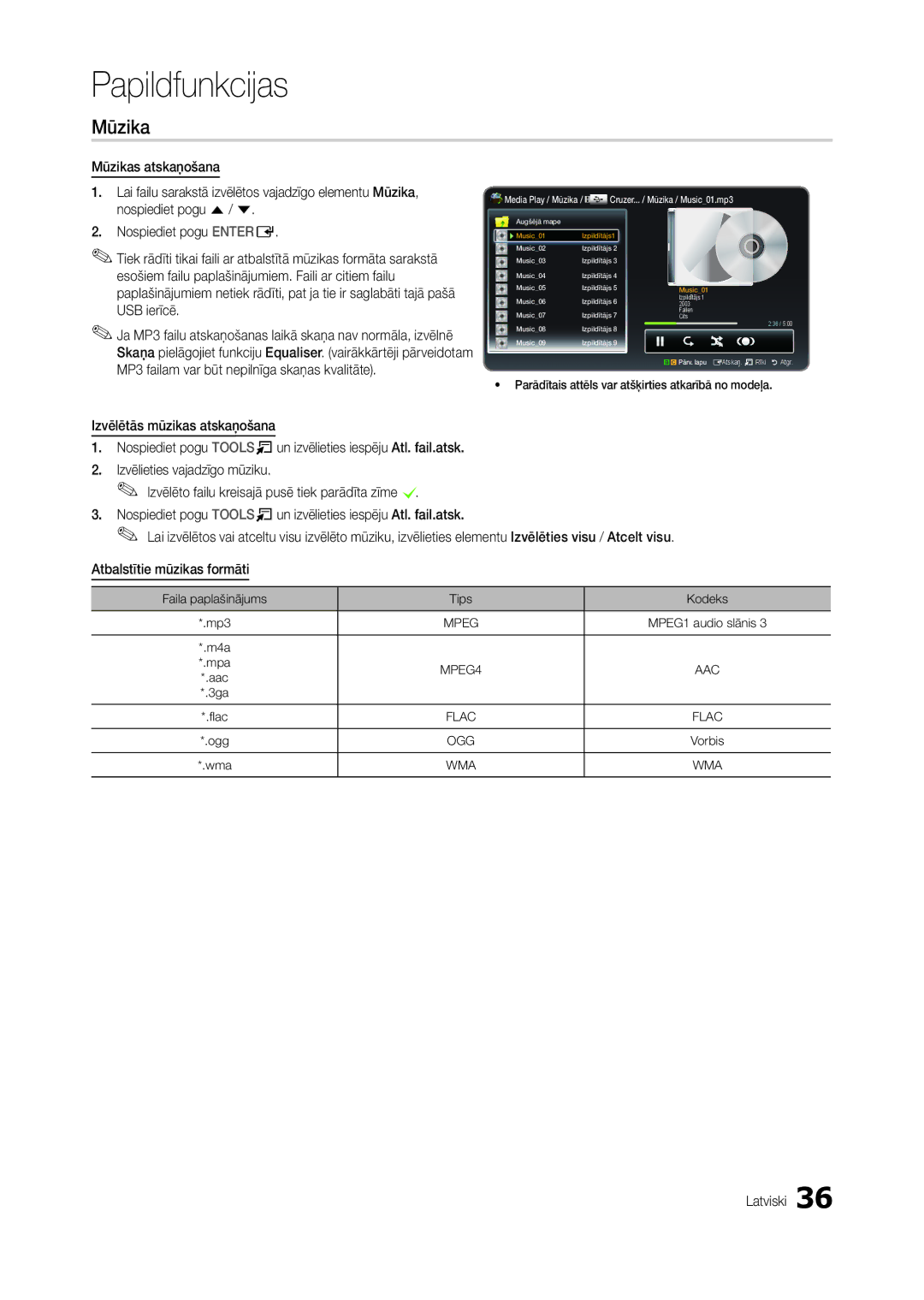 Samsung LT27B300EWY/EN, LT22B350EW/EN, LT24B300EW/EN, LT22B300EW/EN, LT24B350EW/EN, LT27B300EW/EN manual Mūzika, Tips Kodeks 