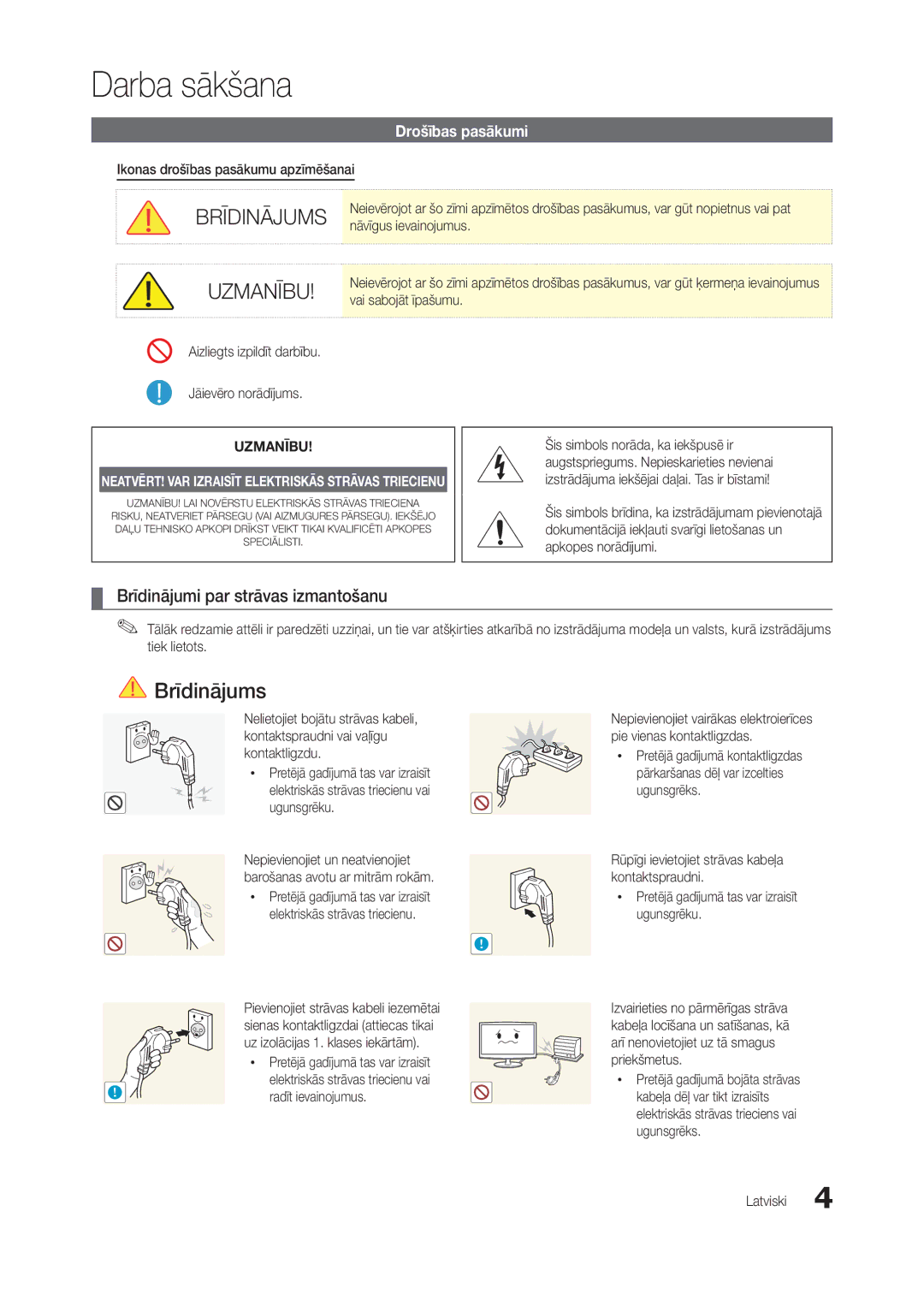 Samsung LT24B350EW/EN, LT22B350EW/EN, LT27B300EWY/EN Darba sākšana, Brīdinājumi par strāvas izmantošanu, Drošības pasākumi 