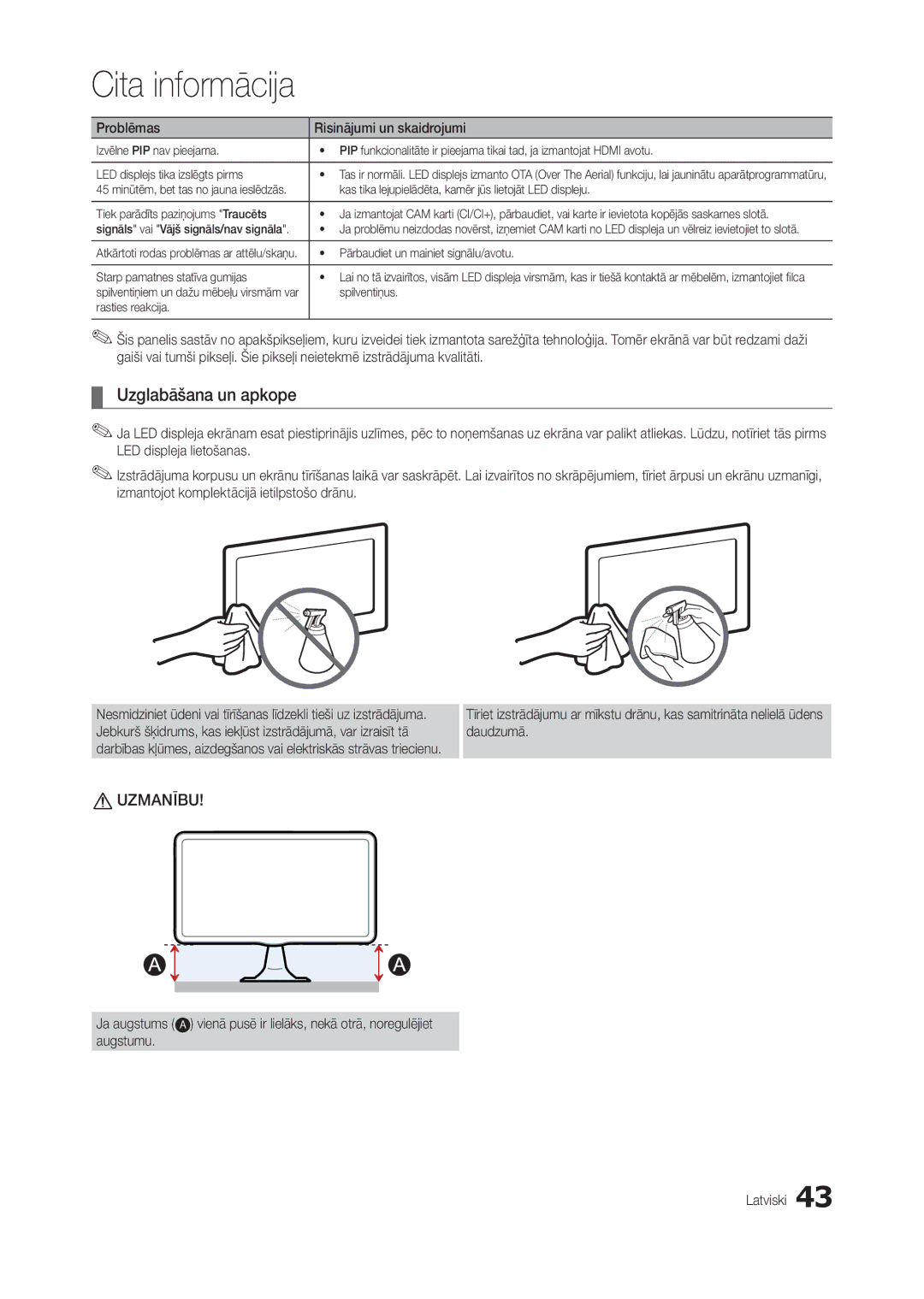 Samsung LT27B300EWY/EN, LT22B350EW/EN, LT24B300EW/EN, LT22B300EW/EN, LT24B350EW/EN, LT27B300EW/EN manual Uzglabāšana un apkope 