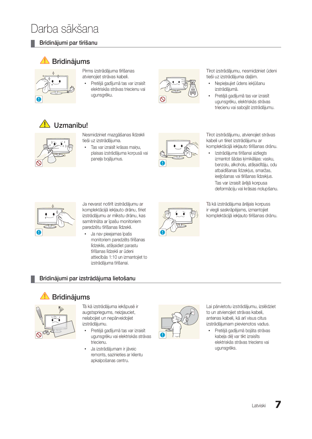 Samsung LT22B350EW/EN, LT27B300EWY/EN, LT24B300EW/EN manual Brīdinājumi par tīrīšanu, Brīdinājumi par izstrādājuma lietošanu 