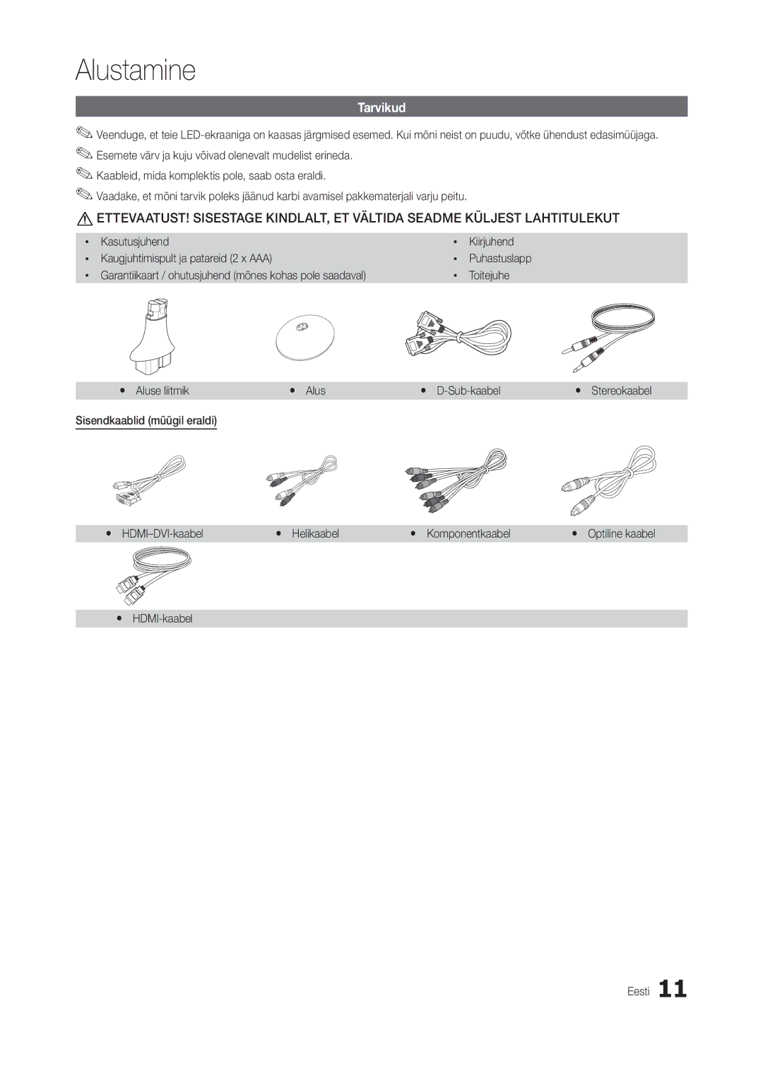 Samsung LT24B350EW/EN, LT22B350EW/EN manual Tarvikud, Toitejuhe, Yy Aluse liitmik Yy D-Sub-kaabel, Yy HDMI-kaabel Eesti 