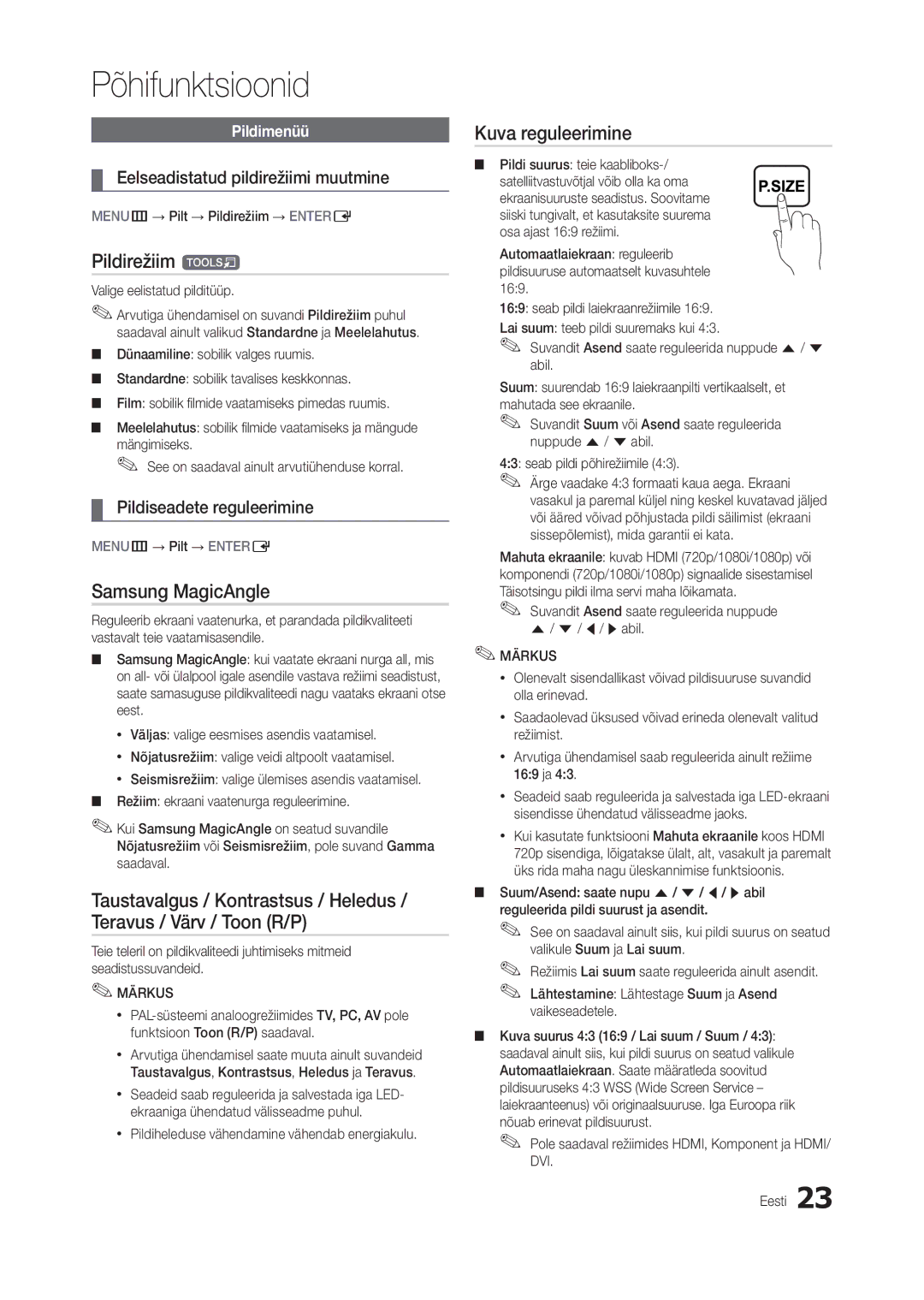 Samsung LT24B300EW/EN manual Pildirežiim t, Samsung MagicAngle, Kuva reguleerimine, Eelseadistatud pildirežiimi muutmine 