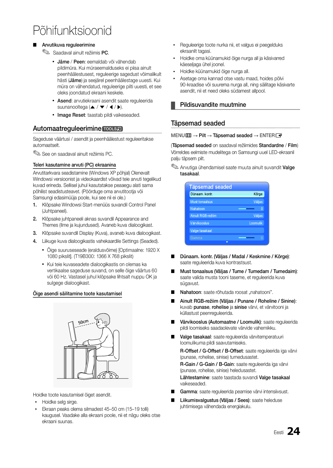 Samsung LT22B300EW/EN, LT22B350EW/EN, LT27B300EWY/EN manual Automaatreguleeriminet, Täpsemad seaded, Pildisuvandite muutmine 