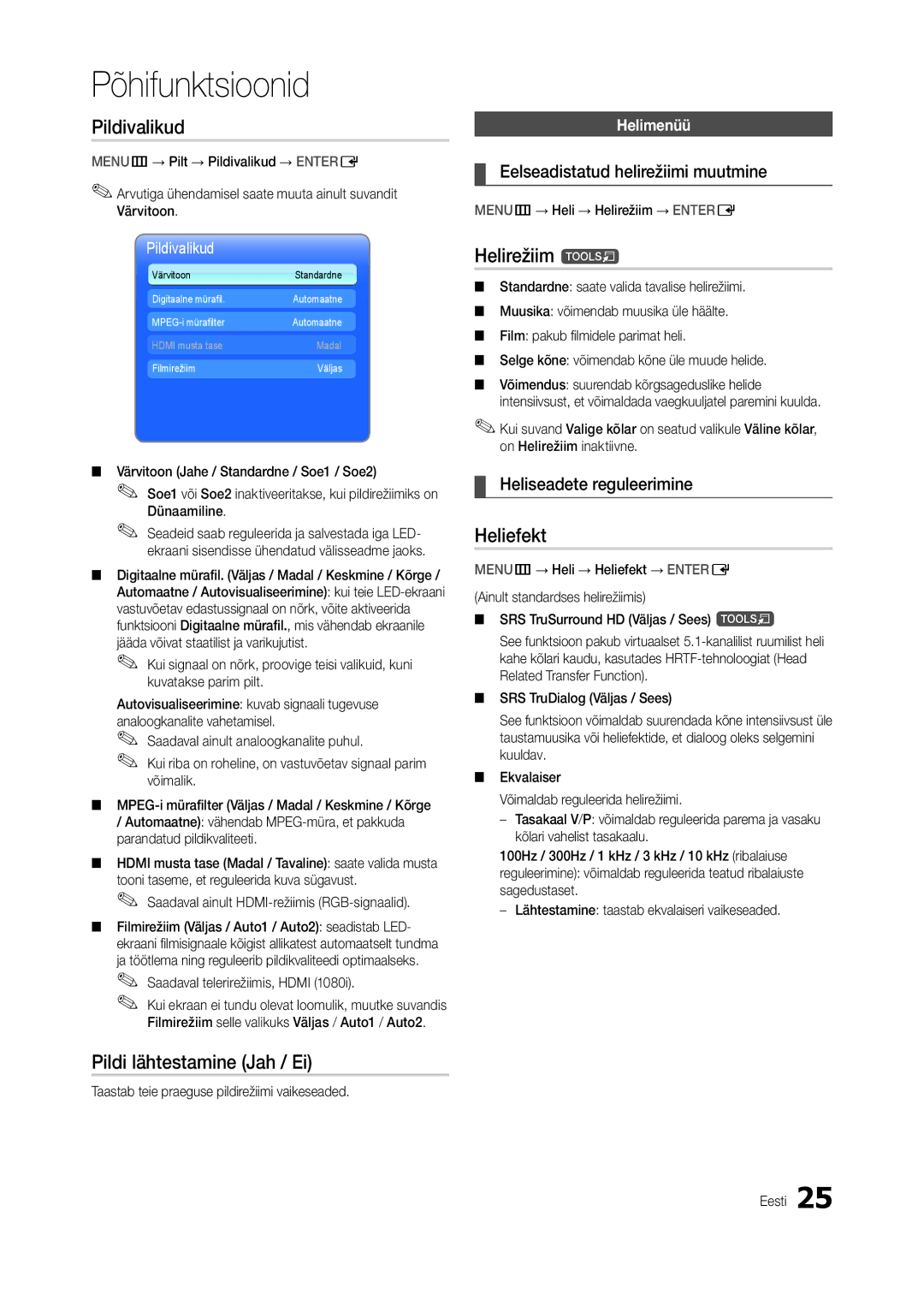 Samsung LT24B350EW/EN, LT22B350EW/EN, LT27B300EWY/EN Pildivalikud, Pildi lähtestamine Jah / Ei, Helirežiim t, Heliefekt 