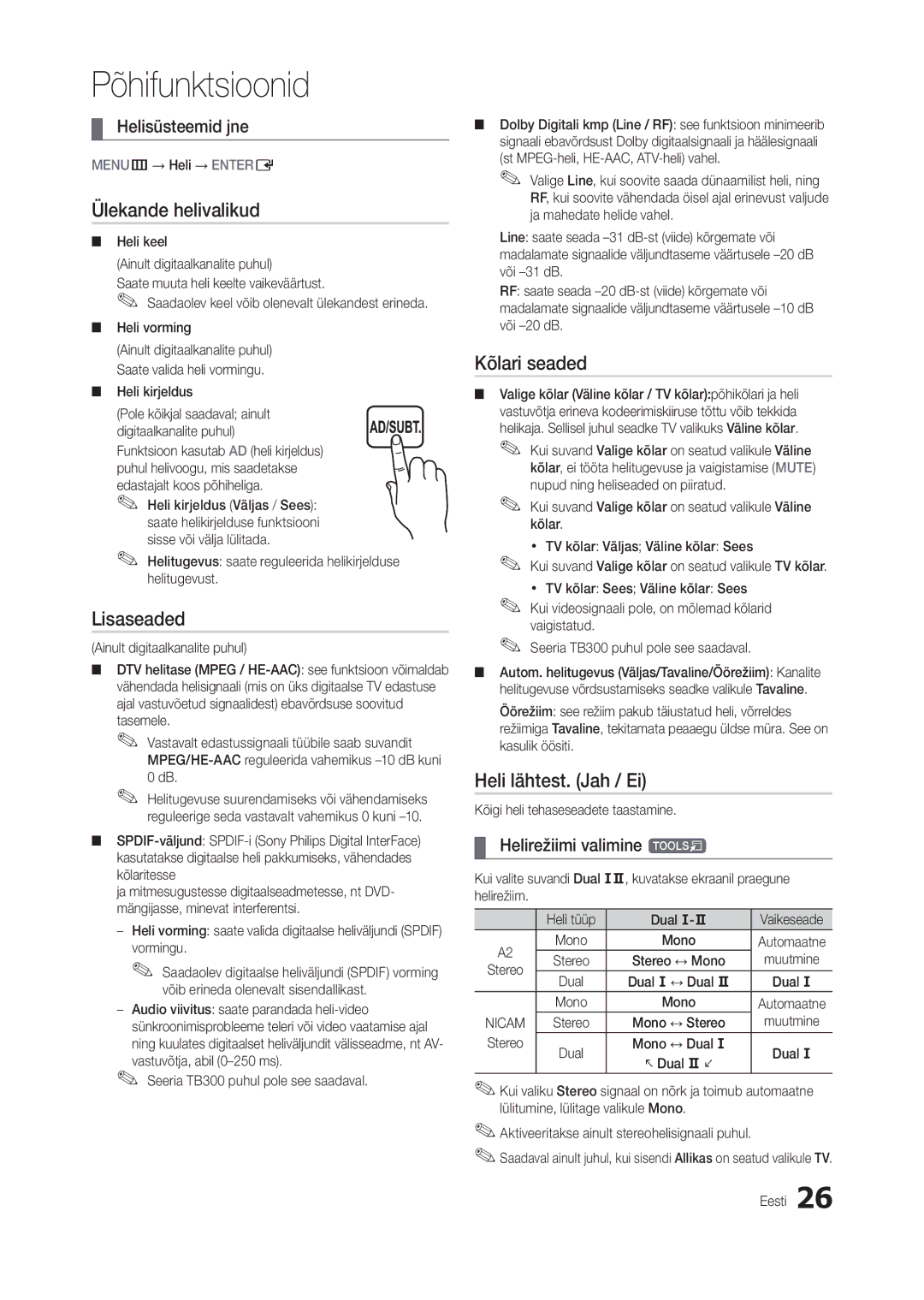 Samsung LT27B300EW/EN, LT22B350EW/EN, LT24B300EW/EN Ülekande helivalikud, Lisaseaded, Kõlari seaded, Heli lähtest. Jah / Ei 