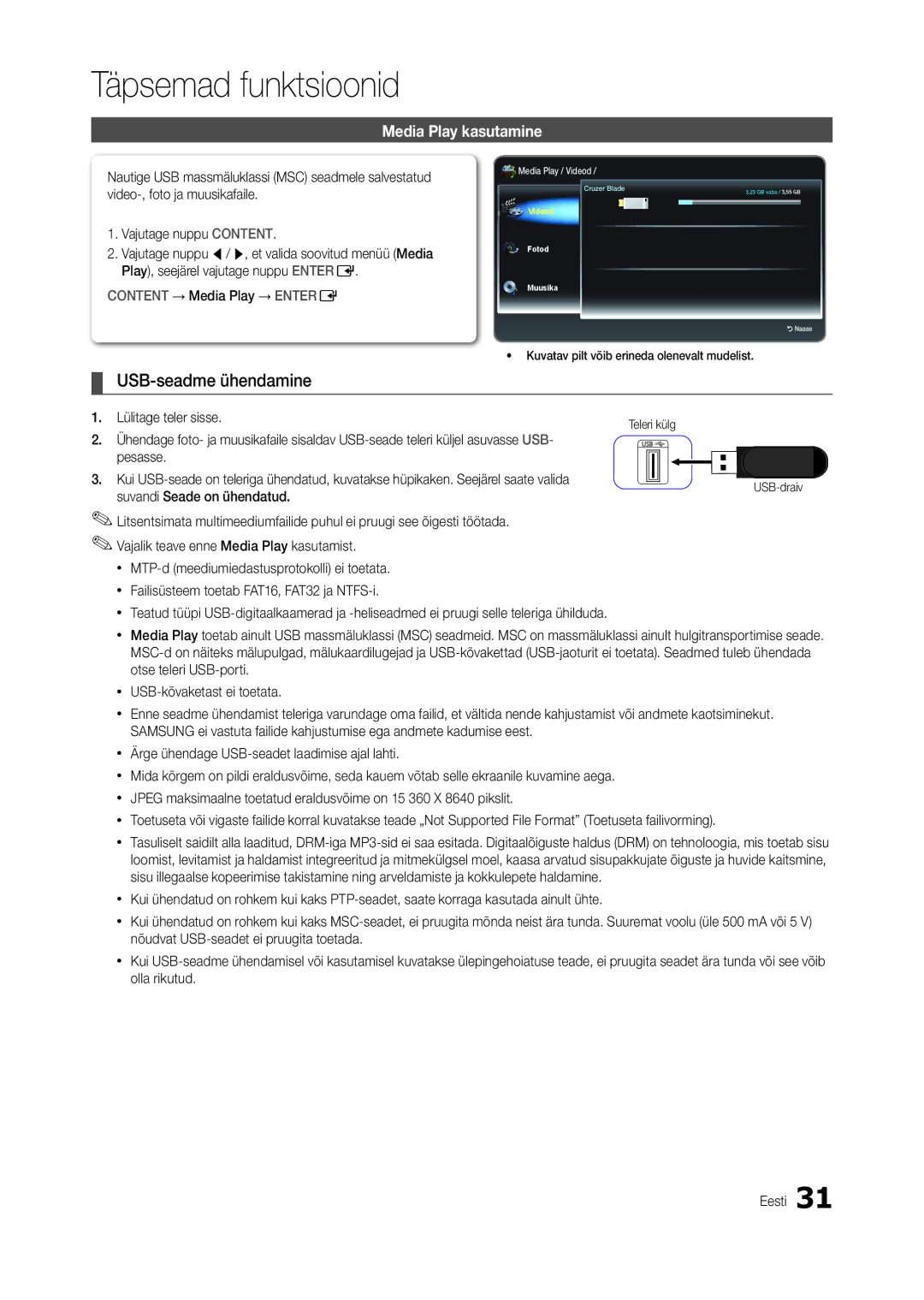 Samsung LT22B300EW/EN, LT22B350EW/EN, LT27B300EWY/EN Täpsemad funktsioonid, USB-seadme ühendamine, Media Play kasutamine 