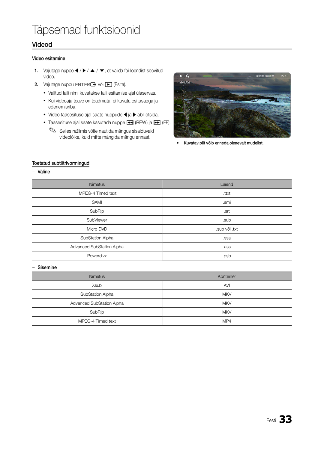 Samsung LT27B300EW/EN, LT22B350EW/EN, LT27B300EWY/EN, LT24B300EW/EN Videod, Toetatud subtiitrivormingud Väline, Sisemine 