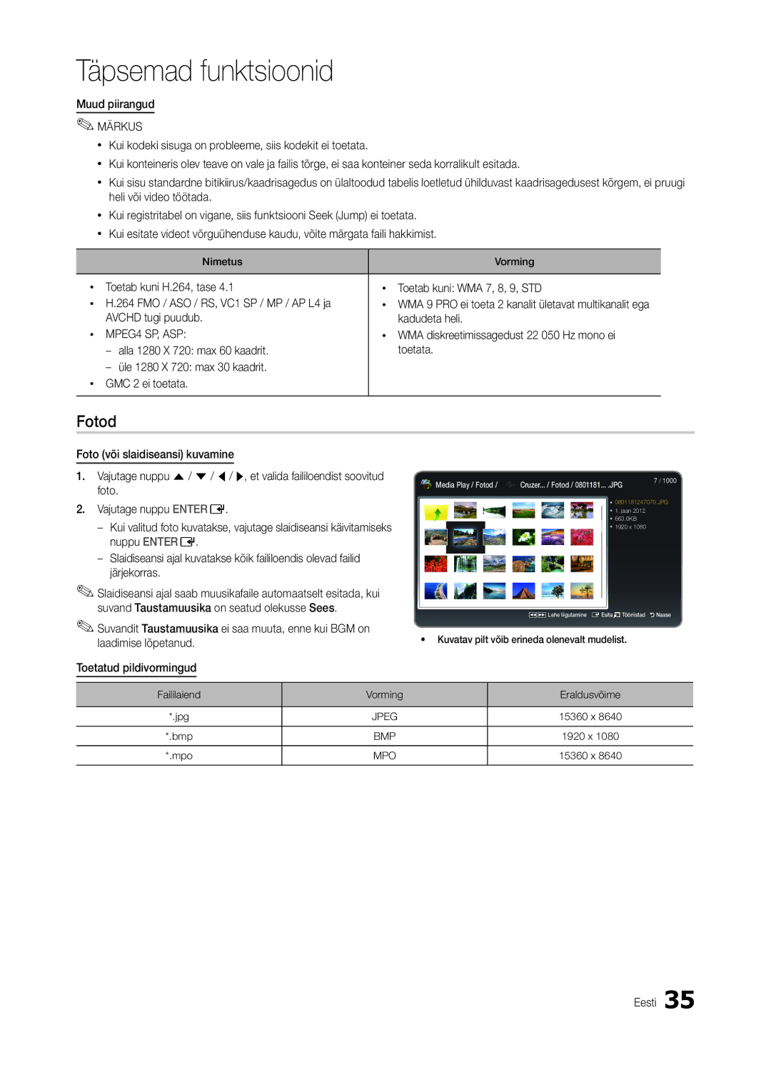 Samsung LT22B350EW/EN Fotod, Muud piirangud, Avchd tugi puudub Kadudeta heli, WMA diskreetimissagedust 22 050 Hz mono ei 