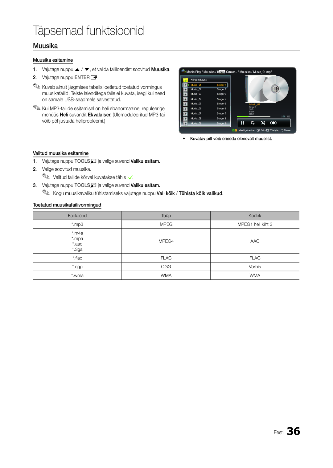 Samsung LT27B300EWY/EN, LT22B350EW/EN, LT24B300EW/EN, LT22B300EW/EN, LT24B350EW/EN, LT27B300EW/EN manual Muusika esitamine 