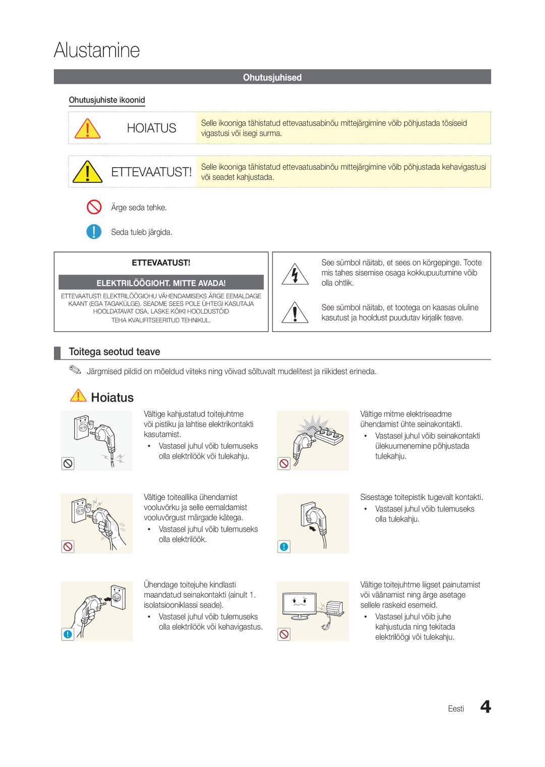 Samsung LT24B350EW/EN, LT22B350EW/EN, LT27B300EWY/EN, LT24B300EW/EN manual Alustamine, Toitega seotud teave, Ohutusjuhised 