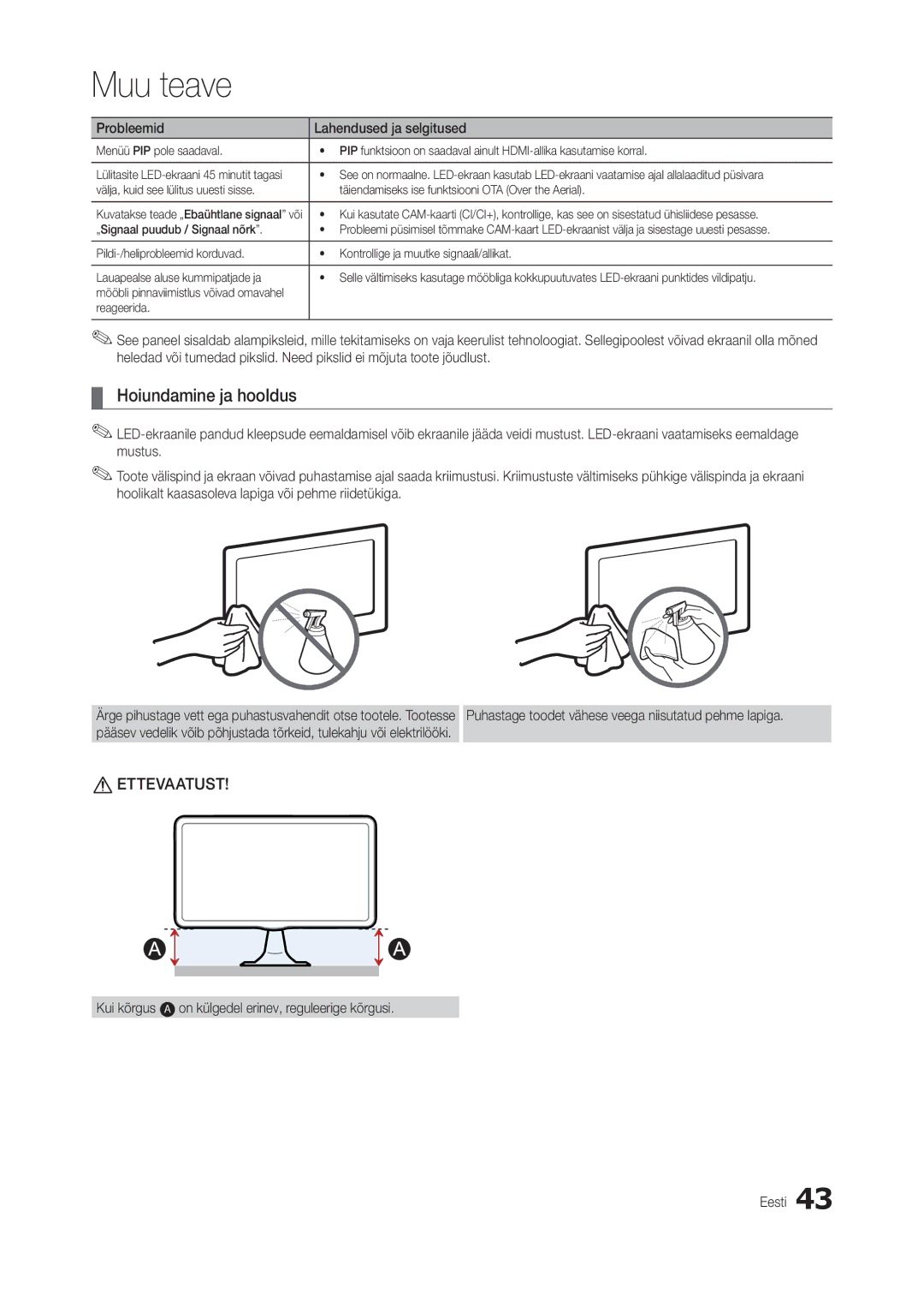 Samsung LT27B300EWY/EN, LT22B350EW/EN, LT24B300EW/EN Hoiundamine ja hooldus, On külgedel erinev, reguleerige kõrgusi Eesti 