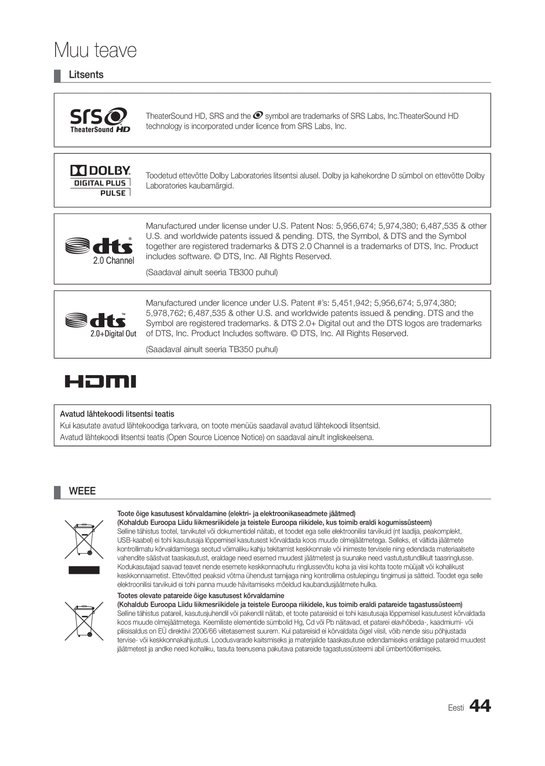 Samsung LT24B300EW/EN, LT22B350EW/EN, LT27B300EWY/EN, LT22B300EW/EN, LT24B350EW/EN, LT27B300EW/EN, LT19B300EW/EN Litsents, Weee 