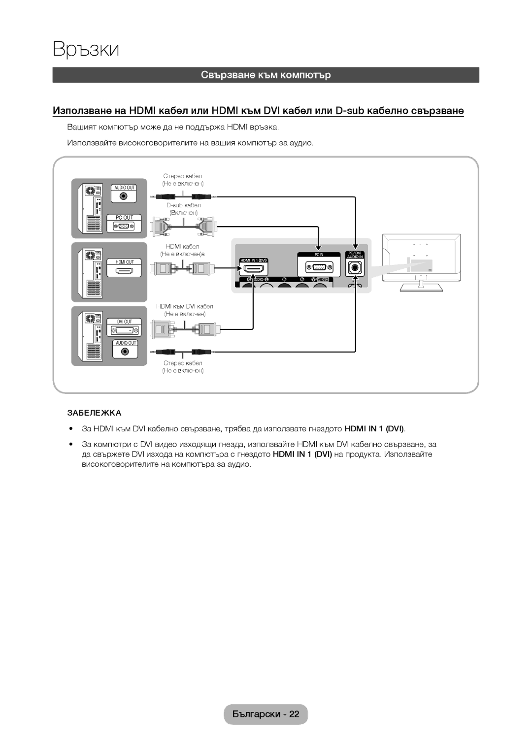 Samsung LT24C370EW/EN, LT22C350EW/EN, LT24C350EW/EN, LT27C350EW/EN, LT27C370EW/EN manual Свързване към компютър 