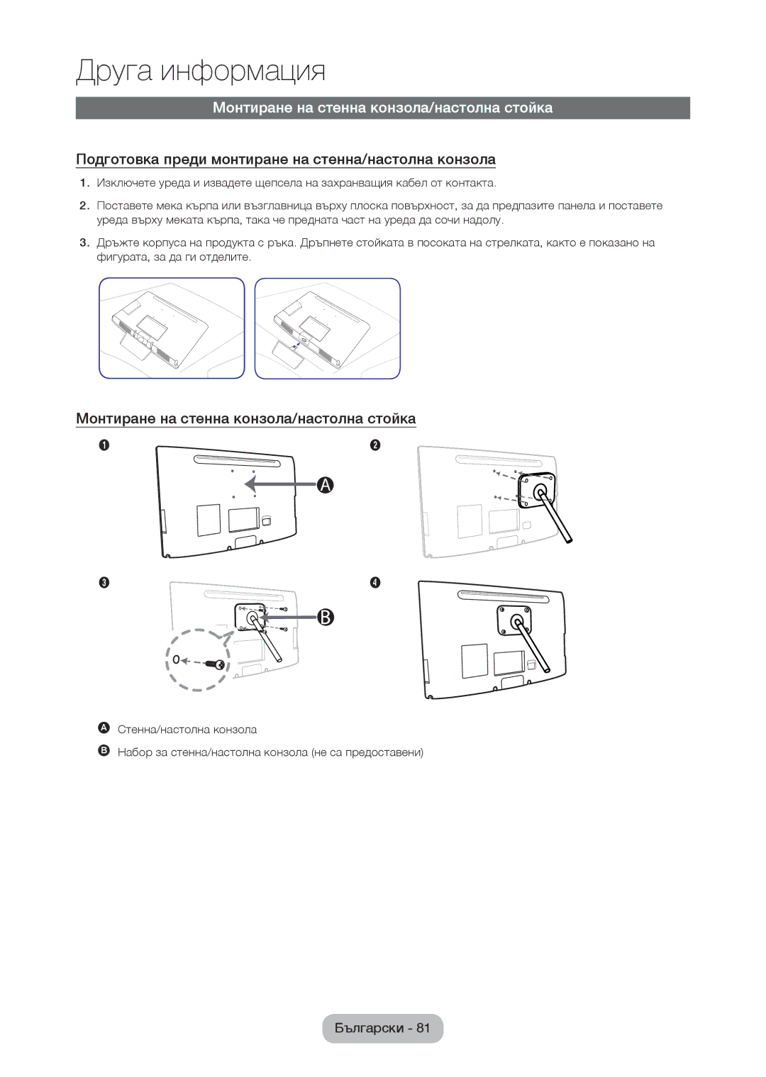 Samsung LT24C350EW/EN Монтиране на стенна конзола/настолна стойка, Подготовка преди монтиране на стенна/настолна конзола 