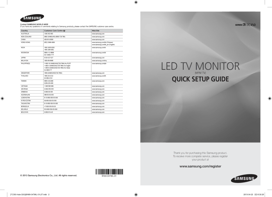 Samsung LT22C350MW/UE manual Contact Samsung World Wide, Country Customer Care Centre Web Site, BN68-04796L-01 