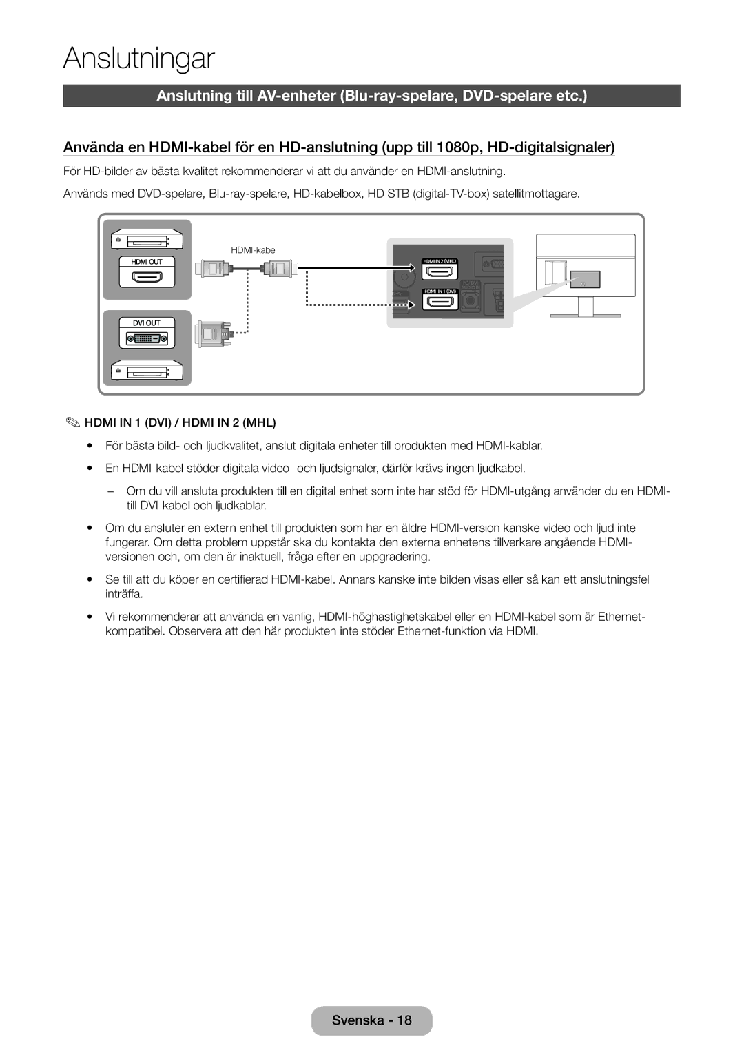 Samsung LT22D390EW/XE, LT24D391EX/XE manual Anslutningar, Anslutning till AV-enheter Blu-ray-spelare, DVD-spelare etc 