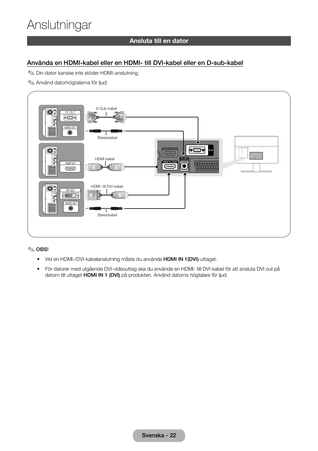 Samsung LT24D590EW/XE, LT22D390EW/XE, LT24D391EX/XE, LT27D590EW/XE, LT27D390EX/XE, LT22D390EX/XE manual Ansluta till en dator 