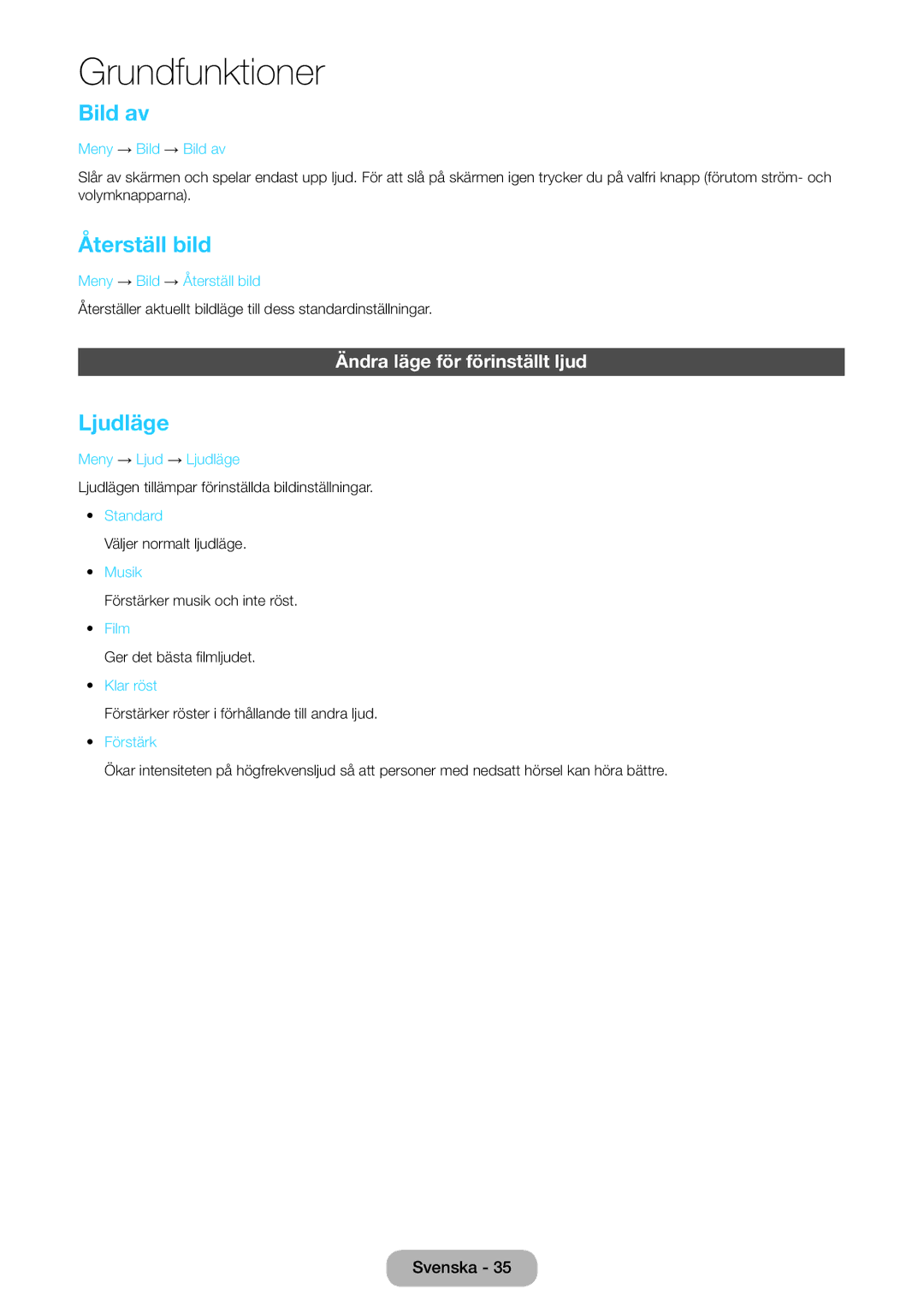 Samsung LT27D390EW/XE, LT22D390EW/XE, LT24D391EX/XE manual Bild av, Återställ bild, Ljudläge, Ändra läge för förinställt ljud 