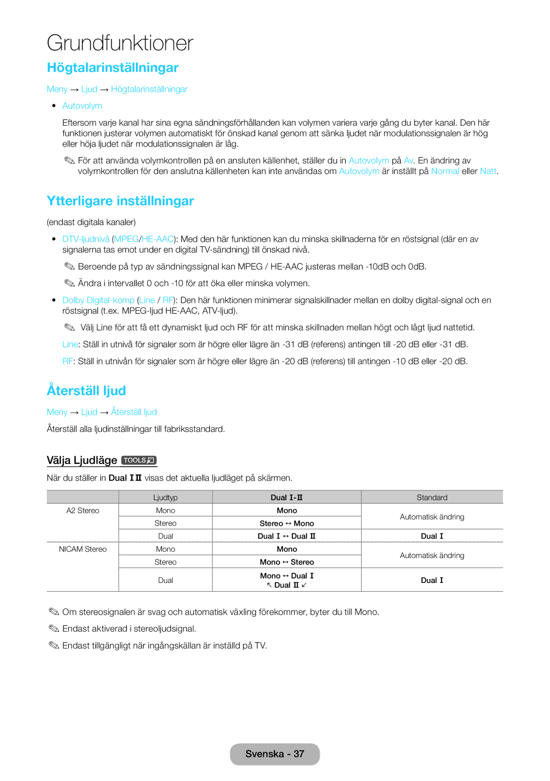 Samsung LT24D391EX/XE, LT22D390EW/XE Högtalarinställningar, Ytterligare inställningar, Återställ ljud, Välja Ljudläge t 