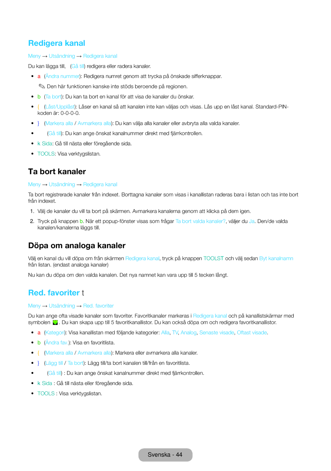 Samsung LT27D390EW/XE, LT22D390EW/XE manual Redigera kanal, Ta bort kanaler, Döpa om analoga kanaler, Red. favoriter t 