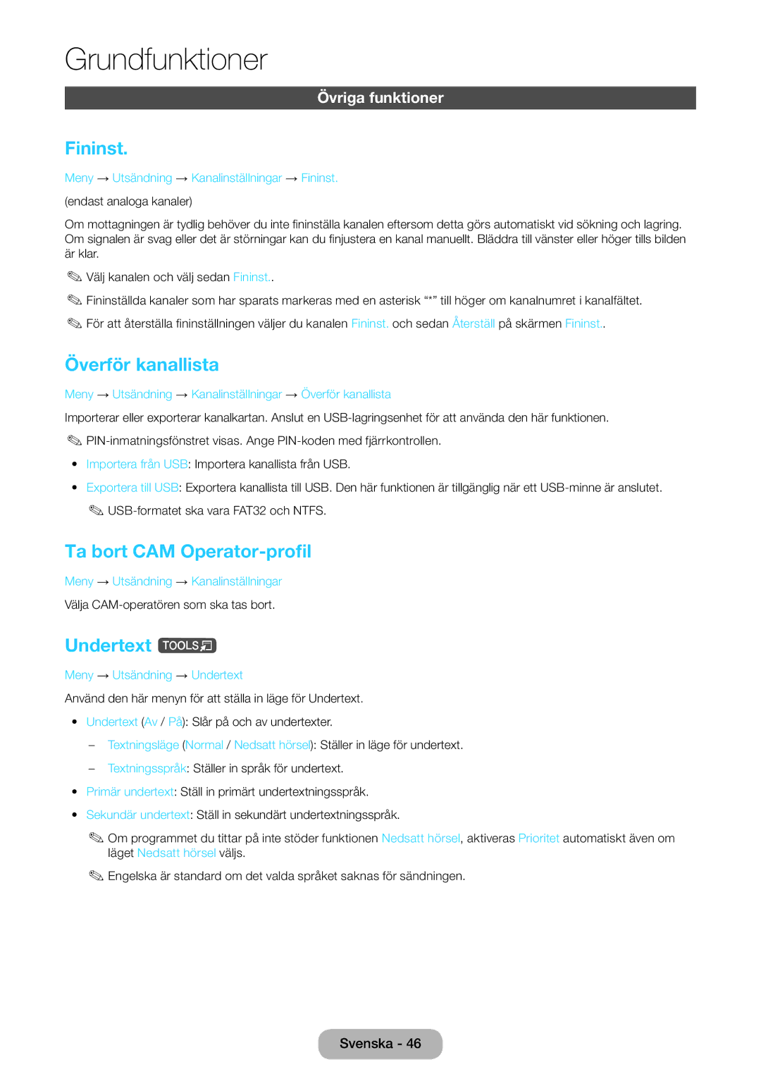 Samsung LT24D391EX/XE manual Fininst, Överför kanallista, Ta bort CAM Operator-profil, Undertext t, Övriga funktioner 