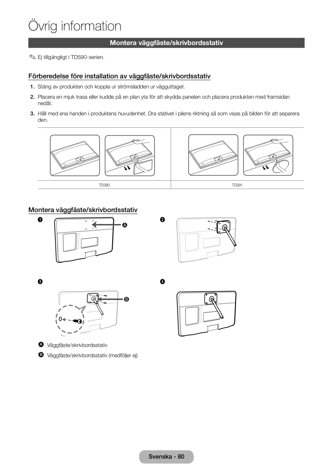 Samsung LT27D390EW/XE, LT22D390EW/XE, LT24D391EX/XE manual Montera väggfäste/skrivbordsstativ, Ej tillgängligt i TD590-serien 