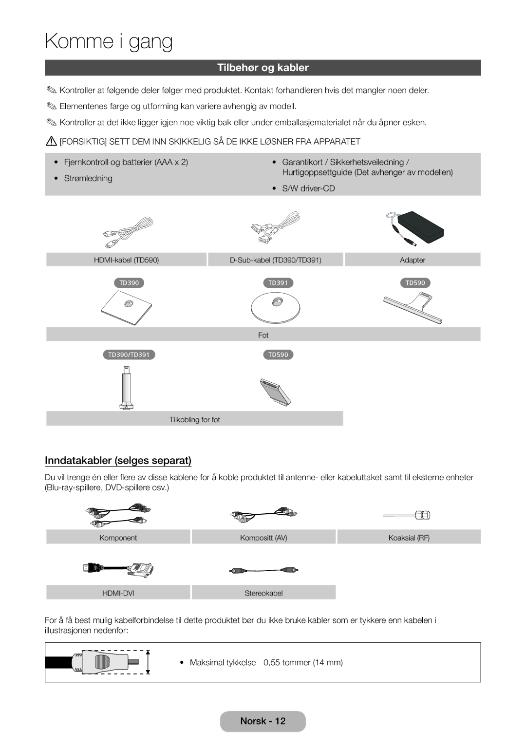 Samsung LT27D390EX/XE, LT22D390EW/XE, LT24D391EX/XE manual Tilbehør og kabler, Inndatakabler selges separat, Driver-CD 