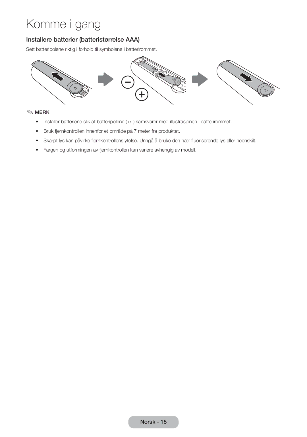 Samsung LT24D390EW/XE, LT22D390EW/XE, LT24D391EX/XE, LT27D590EW/XE manual Installere batterier batteristørrelse AAA, Merk 