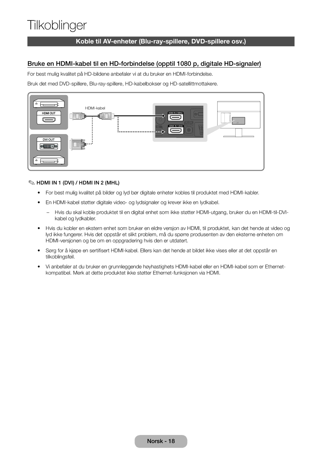 Samsung LT22D390EW/XE, LT24D391EX/XE, LT27D590EW/XE Tilkoblinger, Koble til AV-enheter Blu-ray-spillere, DVD-spillere osv 