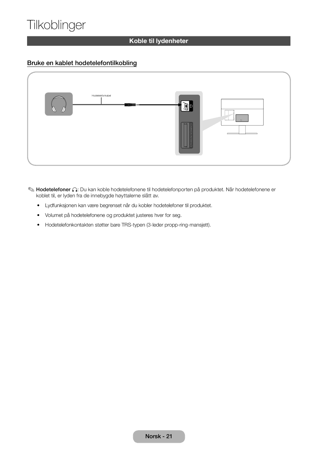 Samsung LT27D390EX/XE, LT22D390EW/XE, LT24D391EX/XE manual Koble til lydenheter, Bruke en kablet hodetelefontilkobling 